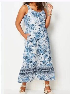 J Jill 100% Cotton Blue White Floral Print Gauze Maxi Dress Size XL